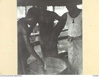 MALAMAL, NEW GUINEA. 1944-07-13. NATIVE COOKS PREPARING THE EVENING MEAL AT THE AUSTRALIAN NEW GUINEA ADMINISTRATIVE UNIT NATIVE LABOUR COMPOUND