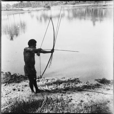 Man aiming a bow and arrow while standing on a riverbank, New Guinea, ca. 1936, 1 / Sarah Chinnery