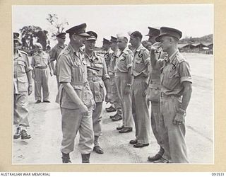 TOROKINA, BOUGAINVILLE. 1945-07-03. HIS ROYAL HIGHNESS, THE DUKE OF GLOUCESTER, GOVERNOR-GENERAL OF AUSTRALIA (1), GREETING HIGH RANKING ALLIED OFFICERS ON HIS ARRIVAL AT PIVA AIRSTRIP, ..
