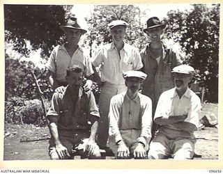 RABAUL, NEW BRITAIN. 1945-09-15. SIX CIVILIANS, FORMER PRISONERS OF THE JAPANESE, WHO WERE RELEASED WHEN TROOPS OF 11 DIVISION OCCUPIED THE RABAUL AREA AFTER THE SURRENDER. IDENTIFIED PERSONNEL ..