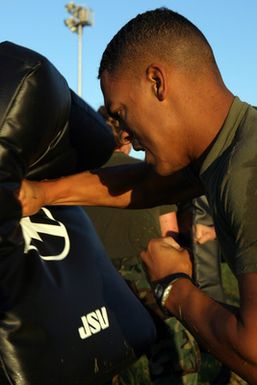 US Marine Corps (USMC) Corporal (CPL) White, Headquarters and Service Battalion (H&S BN), Marine Forces Pacific (MARFORPAC), Camp H. M. Smith, Hawaii (HI), performs lead and rear hand punches, while participating in a unit wide conditioning exercise to enhance their combat readiness and improve their personal physical fitness