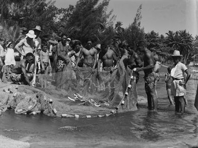 [View of many Pacific island men with fishing net]