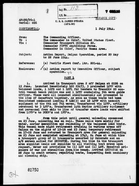 USS JAMES O'HARA - Report of Operations, Period 5/29/44 to 6/28/44 – Landings on Saipan Is, Marianas