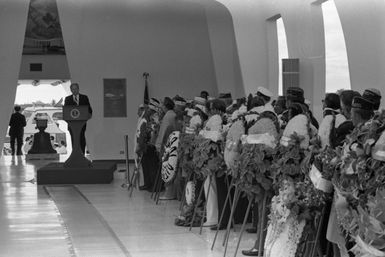 President Gerald R. Ford at a Wreath Laying Ceremony at USS Arizona Memorial in Honor of Those Americans Killed on December 7, 1941 in the Japanese Attack on Pearl Harbor, Hawaii