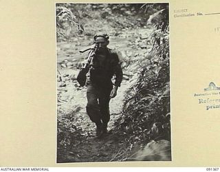 BOUGAINVILLE. 1945-04-30. PRIVATE M.L. DURHAM, 9 PLATOON, A COMPANY, 9 INFANTRY BATTALION RETURNING TO COMPANY HEADQUARTERS AFTER A PATROL WHICH REACHED THE HONGORAI RIVER