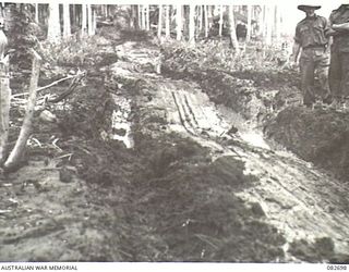 MADANG, NEW GUINEA. 1944-10-12. THE TRACK SUCCESSFULLY NEGOTIATED BY A SHERMAN M4A2 MEDIUM TANK SHOWING THE SECTION (MID FOREGROUND) OVER WHICH THE TANK HAD DRAGGED. THE TESTS WERE CONDUCTED AT HQ ..