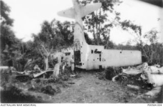 WRECKAGE OF A JAPANESE ZERO AIRCRAFT STANDING NOSE FIRST IN THE GROUND