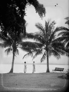 [Two women look out to sea from Pacific Island waterfront]