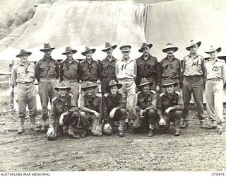DUMPU, RAMU VALLEY, NEW GUINEA, 1944-02-09. OFFICERS OF THE HEADQUARTERS STAFF, 18TH INFANTRY BRIGADE. IDENTIFIED PERSONNEL ARE: QX1148 CAPTAIN C.B. PARBURY, STAFF CAPTAIN, (LEARNER), (1); QZ17549 ..