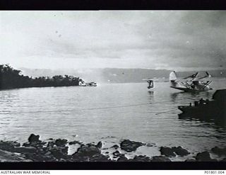 Jacquinot Bay, New Britain. c.1945. Jacquinot Bay Catalina Base showing two A24 Consolidated Catalina aircraft anchored in the bay