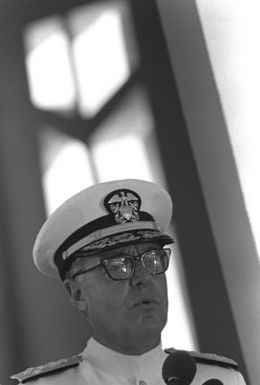 ADM James D. Watkins, commander in chief, U.S. Pacific Fleet, speaks during the ceremony aboard the USS ARIZONA Memorial commemorating the 40th anniversary of the Japanese attack on Pearl Harbor