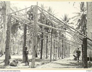 SIAR, NEW GUINEA. 1944-09-11. TROOPS OF THE 113TH BRIGADE WORKSHOPS BUILDING THE NEW MOTOR TRANSPORT WORKSHOPS FOR THE UNIT WITH BUSH TIMBER