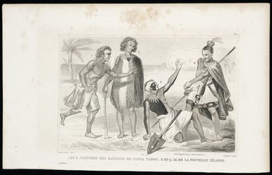 Sainson, Louis Auguste de, b 1801 (after) :Pl. 1. Oceanie. 1 et 3. Costumes des habitans de Tonga Tabou. 2 et 4. Id. de la Nouvelle Zelande. Demoraine delt; Taillant sculpt. Paris, Imp de Legay, rue de la Bucherie, 1 [1856]