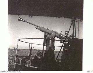 THE GUN CREW OF HIS MAJESTY'S AUSTRALIAN MOTOR LAUNCH 426 FIRING THE ROLLS ROYCE 2 POUNDER GUN EMPLACED ON THE FORECASTLE