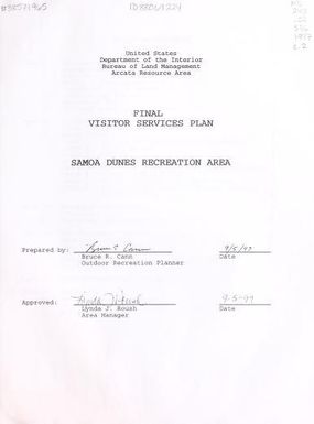 Samoa Dunes Recreation Area : final visitor services plan