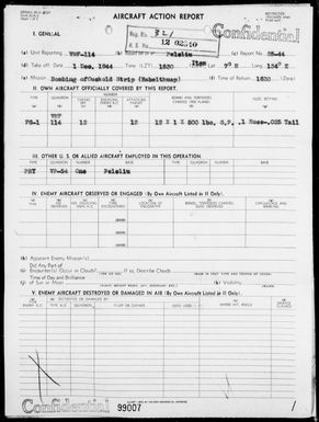 VMF-114 - ACA Reps Nos 25-44 to 27-44 - Bombing & Strafing Targets in the Palau Is, & Yap Is, Carolines, 12/1-3/44