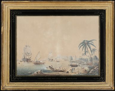 Cleveley, James fl 1776-1780 :[View of Charlotte Sound in New Zealand in the South Seas. [i. e. Matavai Bay, Tahiti, 1779]. Drawn on the spot by James Cleveley, painted by John Clevely, London. F. Jukes aquatt. London, Thomas Martyn, 1788]