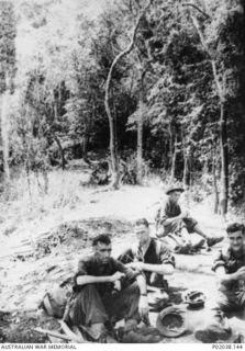 Kokoda Track, Papua. 1942. Soldiers rest on a track while on patrol near Eora Creek. (Original housed in AWM Archive Store)