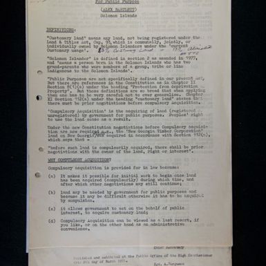 Compulsory acquisition of (Customary) Land for Public Purpose, Solomon Islands, by Alex Bartlett