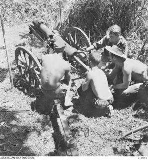 1942-12-31. BUNA. AN AUSTRALIAN MOUNTAIN BATTERY SHELLS BUNA. (NEGATIVE BY G. SILK)