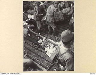 KAIRIRU ISLAND, NEW GUINEA. 1945-09-17. FOLLOWING THE SURRENDER ALL JAPANESE NAVAL PERSONNEL ON KAIRIRU ISLAND WERE TRANSFERRED TO MUSCHU ISLAND. AMONGST THE 299 TRANSFERRED FROM VICTORIA BAY WERE ..