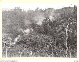 MOUNT SHIBURANGU, WEWAK, NEW GUINEA, 1945-07-12. "THE BLOT" VIEWED FROM THE SUMMIT BEFORE AN ATTACK BY A COMPANY, 2/8 INFANTRY BATTALION, WITH B COMPANY IN SUPPORT. THE ATTACK WAS LAUNCHED FROM ..