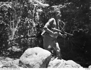 OIVA RIVER, NEW BRITAIN. 1945-02-07. NGN520 ERO, B COMPANY, 1ST NEW GUINEA INFANTRY BATTALION MOVING THROUGH THE JUNGLE WITH HIS OWEN GUN AT THE READY