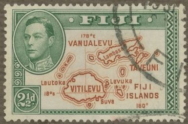 Stamp from Gösta Bodman’s philatelistic collection of motifs, begun in 1950.
Stamp from Fiji, 1938. Counter of map of Fiji Islands.