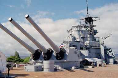 View of the aft Mark 7 16inch/50 caliber gun turret on board the memorial battleship USS Missouri (BB 63). The ship is moored at Fox no. 5 alongside Ford Islands battleship row and is open to the public