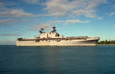 The amphibious assault ship USS TARAWA (LHA-1) arrives at the naval station for a visit. The TARAWA is en route to Naval Station, San Diego, Calif., after serving in the Persian Gulf region during Operation Desert Storm