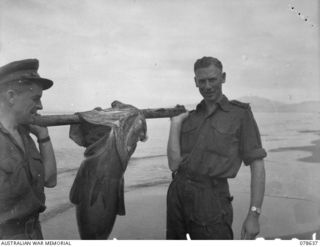 BOUGAINVILLE ISLAND. 1945-01-19. HAYDEN LENNARD, AUSTRALIAN BROADCASTING COMMISSION (1) AND ARTHUR MATHERS, AUSTRALIAN DEPARTMENT OF INFORMATION (2) OF THE DEPARTMENT OF PUBLIC RELATIONS ATTACHED ..