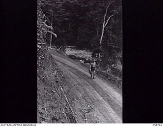 BULLDOG ROAD, NEW GUINEA. 1943-07-10. SECTION OF THE ROAD AT THE 8 MILE POINT WHERE THE ROAD HAS BEEN BENCHED ALONG THE RIVER EDGE