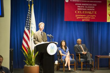 Asian American and Pacific Islanders (AAPI) Heritage event at HUD headquarters, with Hawaii Senator Daniel Inouye and Washington, D.C. television news anchor Eun Yang [among the guest speakers,] and Secretary Shaun Donovan and Deputy Secretary Ron Sims [among the HUD senior officials on hand]