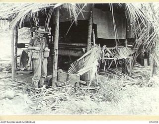 HANSA BAY, NEW GUINEA. 1944-06-22. NX135184 LIEUTENANT H.J. ATKINS, 4TH INFANTRY BATTALION, EXAMINING A JAPANESE HUT AND ITS CONTENTS ABANDONED BY THE ENEMY IN THE FACE OF THE DETERMINED AUSTRALIAN ..