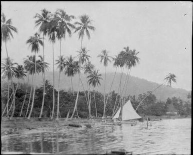 Rigged sailing boat by the shoreline, Papua, ca. 1923 / Sarah Chinnery