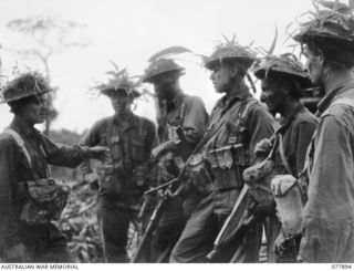 BOUGAINVILLE ISLAND, NEW BRITAIN. 1944-12-30. TROOPS OF THE 25TH INFANTRY BATTALION RECEIVING LAST MINUTE INSTRUCTIONS BEFORE THE A AND D COMPANY ATTACK ON JAPANESE POSITIONS ON PEARL RIDGE. ..