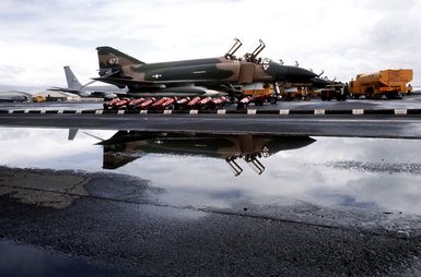 A right front view of an F-4 Phantom II aircraft on a ramp while on a rest stop during Coronet Slice, the redeployment of F-4's of the 34th Tactical Fighter Squadron from Korat Royal Thai Air Force Base, Thailand, to the United States because of a reduction in forces