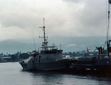 A starboard bow view of the Western Samoan patrol boat NAFANUA tied up at the pier. The NAFANUA is an Australian Shipbuilding Industries Model 315 patrol boat provided to Western Samoa by the Australian government.