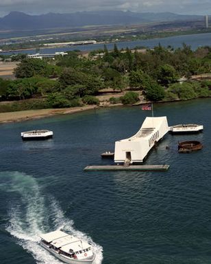 An elevated view of the USS ARIZONA Memorial