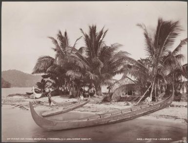 Canoes on a beach at Mara-na-tabu, Bugotu, Solomon Islands, 1906 / J.W. Beattie