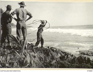 POTSDAM, NEW GUINEA. 1944-09-05. THE ADJUTANT OF THE 25TH INFANTRY BATTALION TRYING HIS BEST TO LASSO A 44 GALLON DRUM OF PETROL FLOATING NEAR THE SHORE DURING A STORM