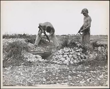 Two members of the famed First Marine Division investigate a Japanese pillbox on the southern end of the Peleliu airfield