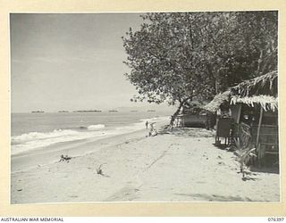 LABU, NEW GUINEA. 1944-10-03. LOOKING TOWARDS SALAMAUA FROM THE SERGEANT'S MESS OF THE 1ST WATERCRAFT WORKSHOPS