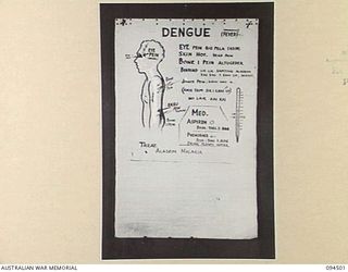 LAE AREA, NEW GUINEA, 1945-08-03. A "PIDGIN" ENGLISH CHART USED FOR THE INSTRUCTION OF NATIVE REGIMENTAL AID POST ORDERLIES. THE PHOTOGRAPH WAS MADE AT THE REQUEST OF HEADQUARTERS AUSTRALIAN NEW ..
