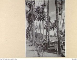 KERAVIA BAY, NEW BRITAIN. 1945-11-12. THE DUTCH FLAG FLYING AT THE FRONT ENTRANCE TO THE ROYAL NETHERLANDS EAST INDIES ARMY CAMP WHERE SOME 150 ROYAL NETHERLANDS EAST INDIES EX-PRISONERS OF WAR ARE ..