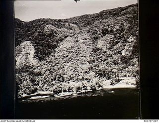 Kairiru Island, New Guinea, 1945-06-18. Aerial view, taken at an altitude of 200 feet from the rear gun position on the side of a United States Army Air Force (USAAF) Consolidated B-24 Liberator, ..