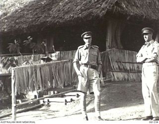 PORT MORESBY, NEW GUINEA. 1943-11-28. VX80 LIEUTENANT COLONEL H. K. OXLEY, OBE, GSO I (STAFF DUTIES), (LEFT) AND NX69 LIEUTENANT COLONEL P. D. PARBURY, MC, GSO I (TRAINING) (RIGHT) BOTH OF ..