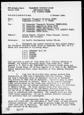 COMTRANSDIV 8 - Rep of Ops in the Initial Assault & Invasion of Peleliu Is, Palau Is, 9/8-25/44