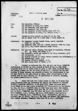 USS LEXINGTON - Act Rep, of Attacks on Palau Is, 3/30-31/44 & on Woleai Atoll on 4/1/44