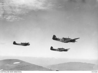 WEWAK AREA, NORTH EAST NEW GUINEA. C. 1944-10. AIRCRAFT OF NO. 8 (BEAUFORT) SQUADRON RAAF, CODE NAME UV-E, UV-S, UV-W, WING THEIR WAY HOME AFTER DROPPING BOMBS ON AN ENEMY TARGET NEAR WEWAK